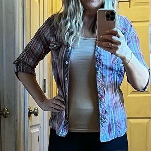 Brown and Red Plaid shirt with 3/4 cuffed sleeves.